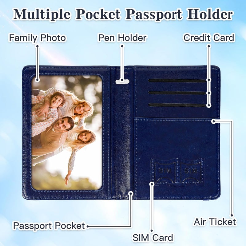 RHOttbiy Passport Holder for Travel, RFID Blocking Passport Cover with Pen Holder Leather Passport Wallet Case Travel Must Haves Accessories Passport Book Card Holder for Family Travel Essentials, Dark Blue - Image 5